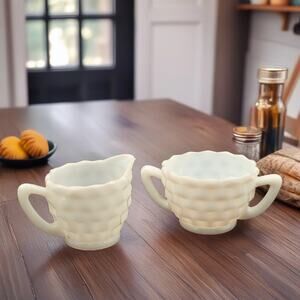 Vintage Iridescent Milk Glass Cream Sugar Basket Weave Set